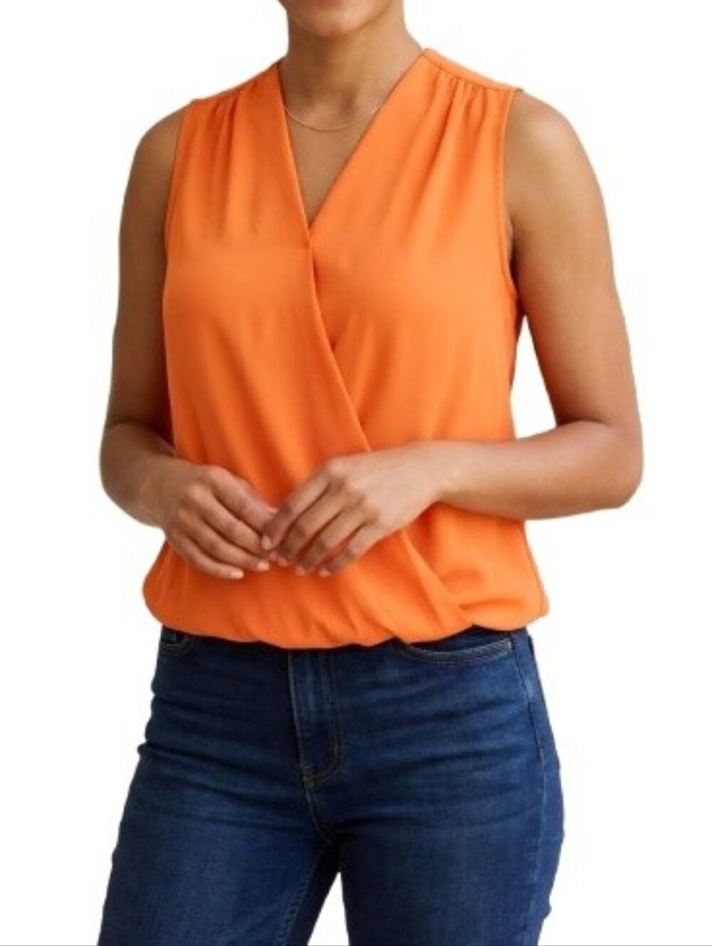 c. luce Orange Wrap Style Blouse NWT Sleeveless V-Neck Solid Elastic Hem